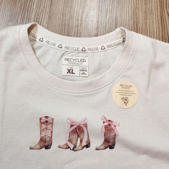 🔹️NWT Recycled Threads Cream Cowgirl Boot Cuffed Short Sleeve Top XLarge - Picture 3 of 6